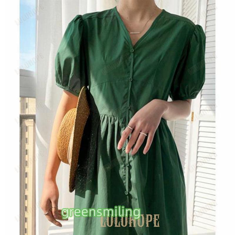 シャツワンピース パフスリーブレトロ風 シャツワンピース パフスリーブレトロ風