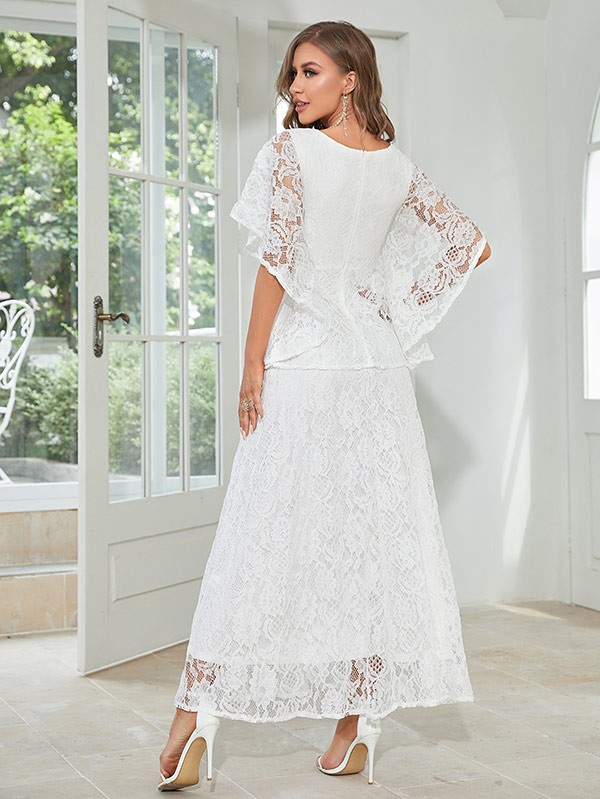 ロングドレス 総レース 演奏会 ピアノ発表会 Aライン 半袖あり