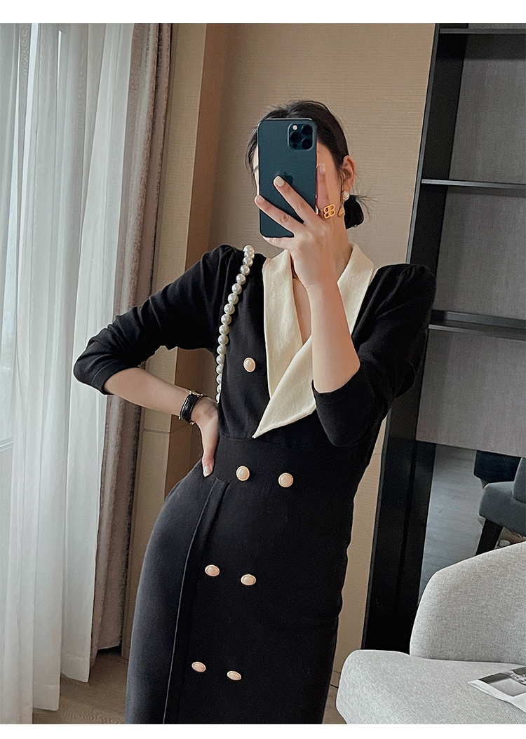 レディース ファッション エレガント V ネック 黒 ドレス 秋 女性 スリム ミドル丈 スカート ブラック ＳＭＬXL かわいい 大人可愛い きれいめ シンプル カジュアル 大人 上品 おしゃれ