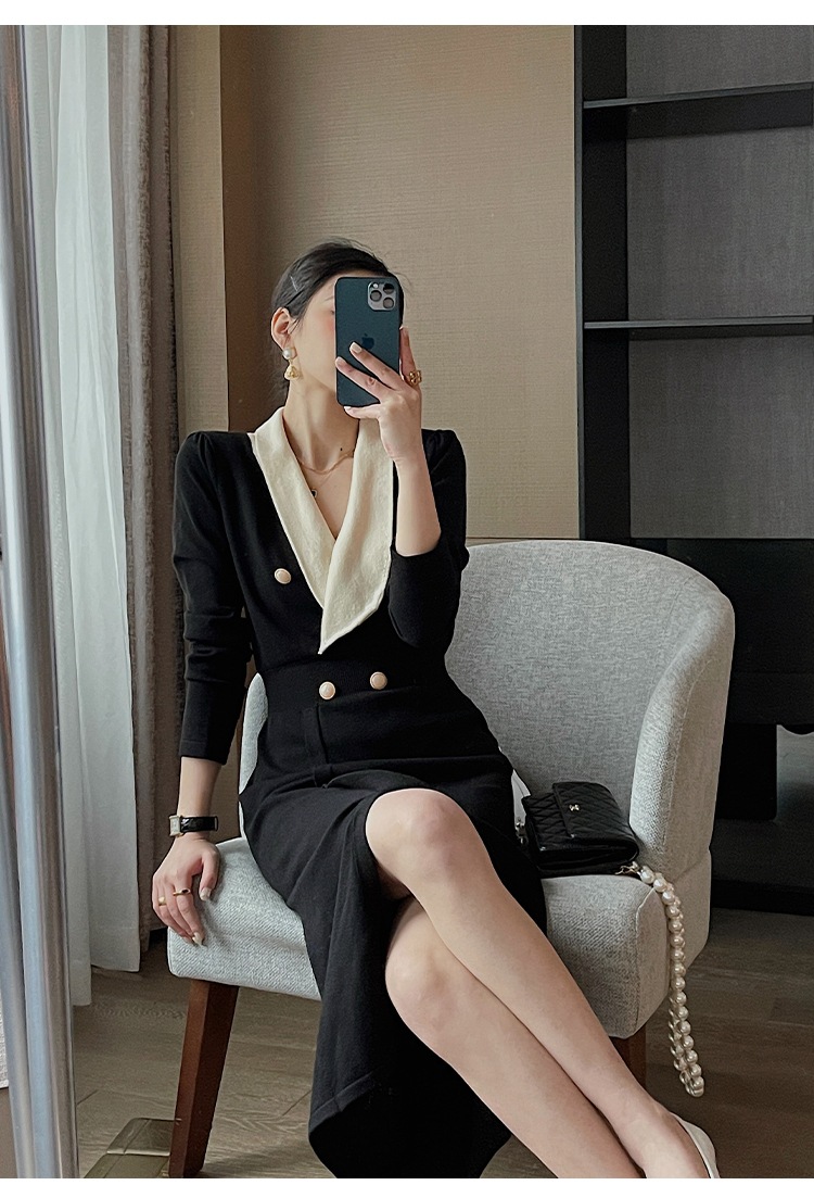 レディース ファッション エレガント V ネック 黒 ドレス 秋 女性 スリム ミドル丈 スカート ブラック ＳＭＬXL かわいい 大人可愛い きれいめ シンプル カジュアル 大人 上品 おしゃれ