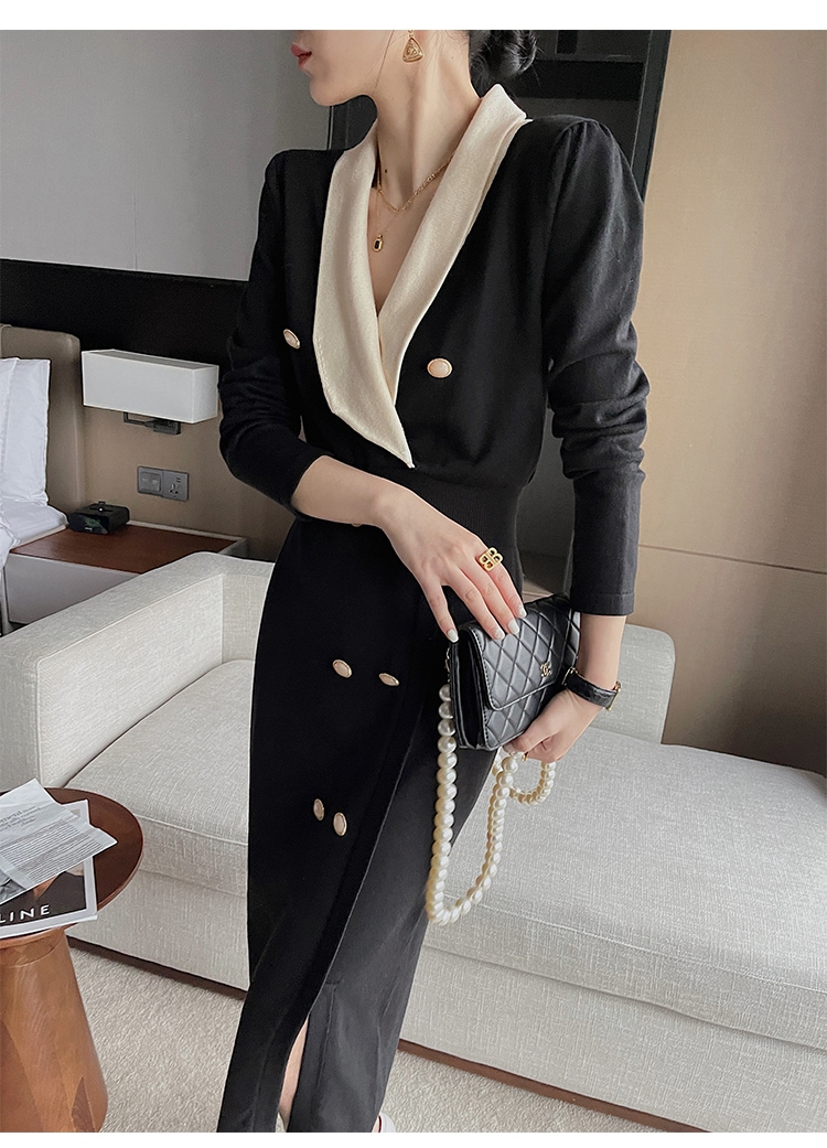 レディース ファッション エレガント V ネック 黒 ドレス 秋 女性 スリム ミドル丈 スカート ブラック ＳＭＬXL かわいい 大人可愛い きれいめ シンプル カジュアル 大人 上品 おしゃれ