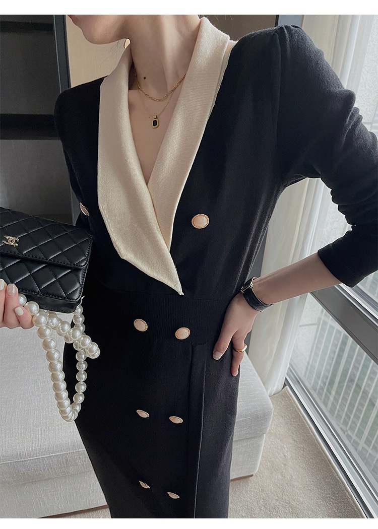 レディース ファッション エレガント V ネック 黒 ドレス 秋 女性 スリム ミドル丈 スカート ブラック ＳＭＬXL かわいい 大人可愛い きれいめ シンプル カジュアル 大人 上品 おしゃれ