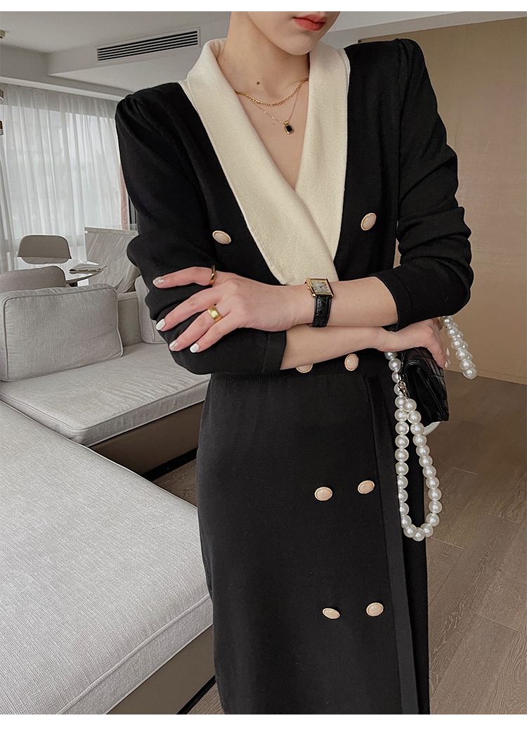 レディース ファッション エレガント V ネック 黒 ドレス 秋 女性 スリム ミドル丈 スカート ブラック ＳＭＬXL かわいい 大人可愛い きれいめ シンプル カジュアル 大人 上品 おしゃれ