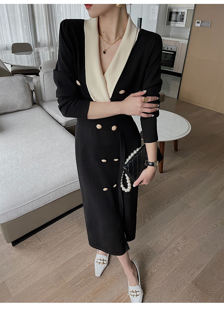 レディース ファッション エレガント V ネック 黒 ドレス 秋 女性 スリム ミドル丈 スカート ブラック ＳＭＬXL かわいい 大人可愛い きれいめ シンプル カジュアル 大人 上品 おしゃれ