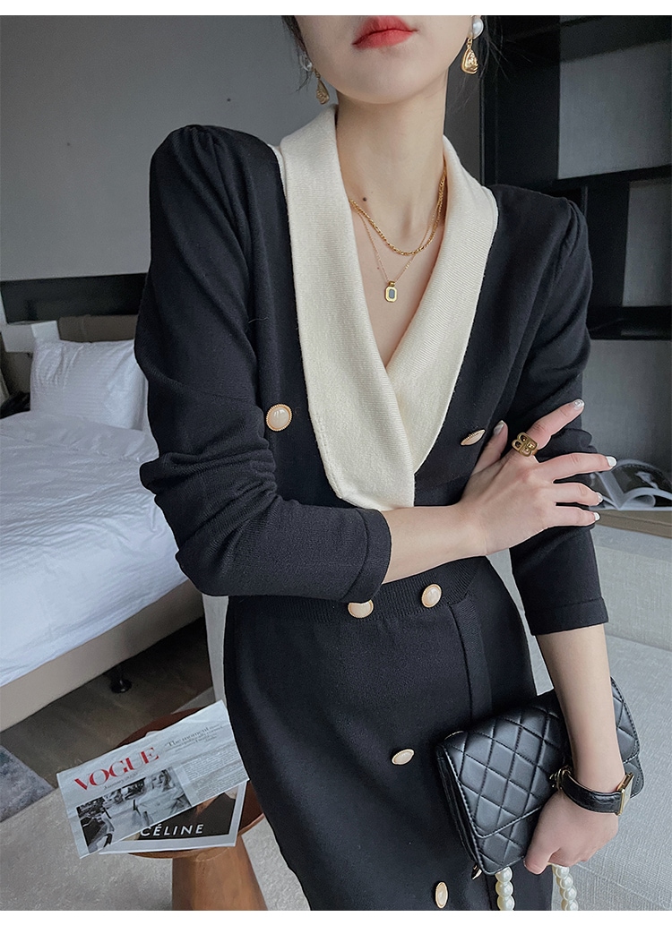 レディース ファッション エレガント V ネック 黒 ドレス 秋 女性 スリム ミドル丈 スカート ブラック ＳＭＬXL かわいい 大人可愛い きれいめ シンプル カジュアル 大人 上品 おしゃれ