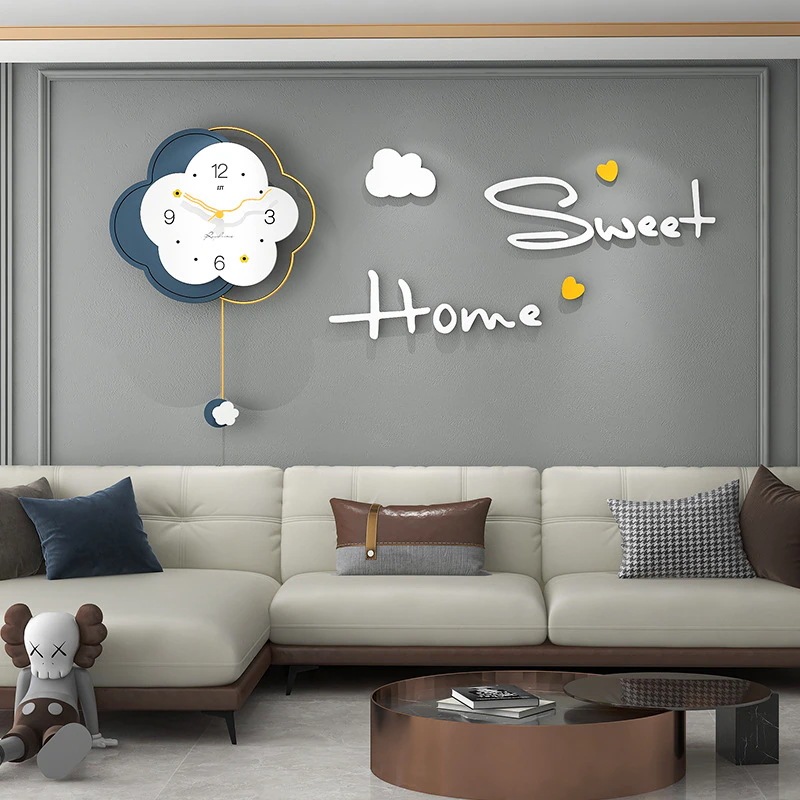 花 フラワー ホワイト ネイビー クロック 掛け時計 見やすい文字盤 リビング おしゃれ インテリア 静か アナログ時計 振り子時計 電池式 静音設計