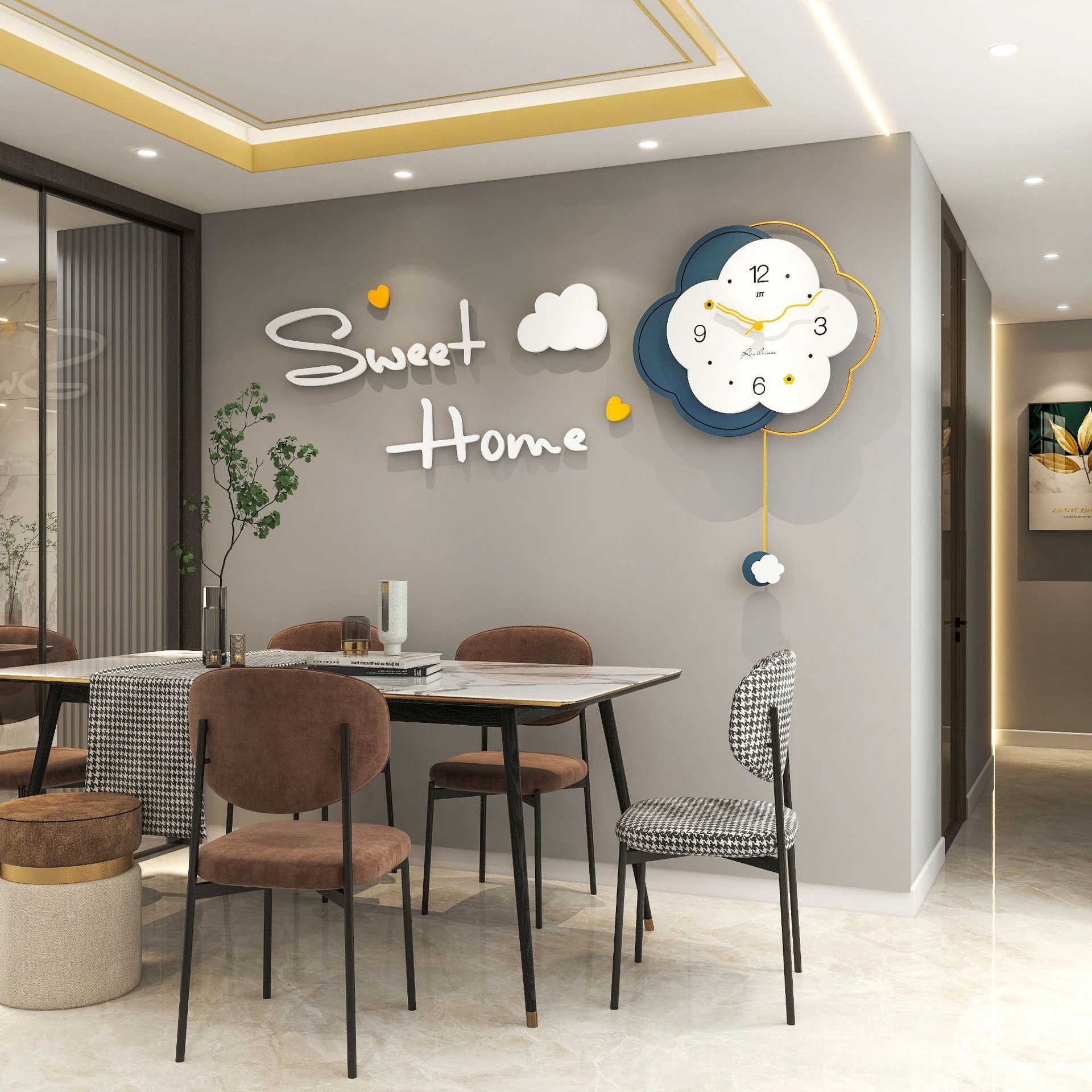 花 フラワー ホワイト ネイビー クロック 掛け時計 見やすい文字盤 リビング おしゃれ インテリア 静か アナログ時計 振り子時計 電池式 静音設計