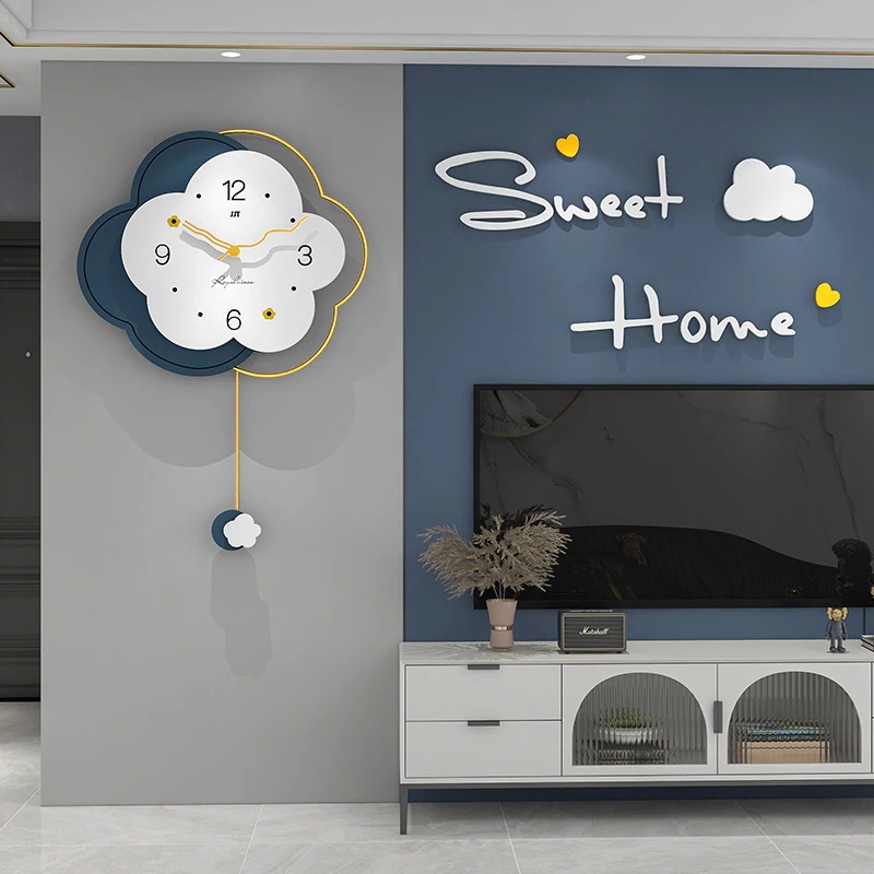 花 フラワー ホワイト ネイビー クロック 掛け時計 見やすい文字盤 リビング おしゃれ インテリア 静か アナログ時計 振り子時計 電池式 静音設計