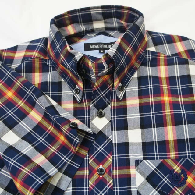 ネバートラスト OVER CHECK B.D. SS SHIRT Navy / White / Wine