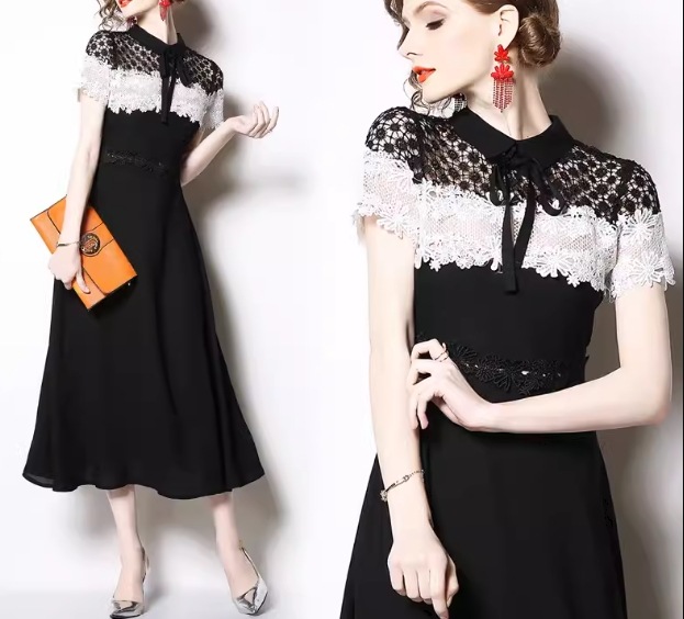 レディース ドレス ミモレ ロング 半袖 フレア スリム 細身 Aライン フェミニン レース シフォン ファスナー 切り替えデザイン ドッキング かわいい 大人可愛い きれいめ カジュアル 上品