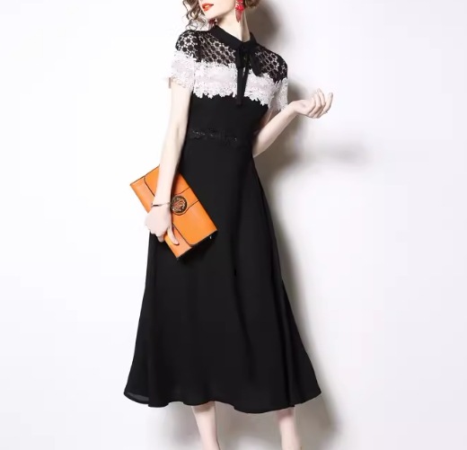 レディース ドレス ミモレ ロング 半袖 フレア スリム 細身 Aライン フェミニン レース シフォン ファスナー 切り替えデザイン ドッキング かわいい 大人可愛い きれいめ カジュアル 上品