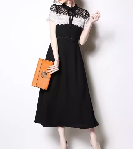 レディース ドレス ミモレ ロング 半袖 フレア スリム 細身 Aライン フェミニン レース シフォン ファスナー 切り替えデザイン ドッキング かわいい 大人可愛い きれいめ カジュアル 上品