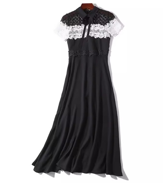 レディース ドレス ミモレ ロング 半袖 フレア スリム 細身 Aライン フェミニン レース シフォン ファスナー 切り替えデザイン ドッキング かわいい 大人可愛い きれいめ カジュアル 上品