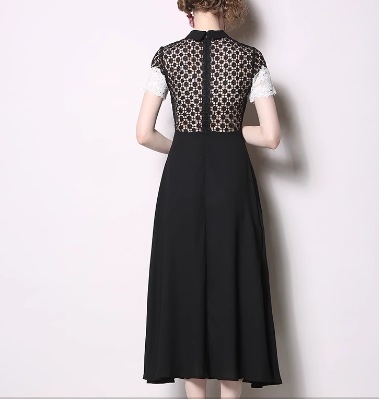 レディース ドレス ミモレ ロング 半袖 フレア スリム 細身 Aライン フェミニン レース シフォン ファスナー 切り替えデザイン ドッキング かわいい 大人可愛い きれいめ カジュアル 上品