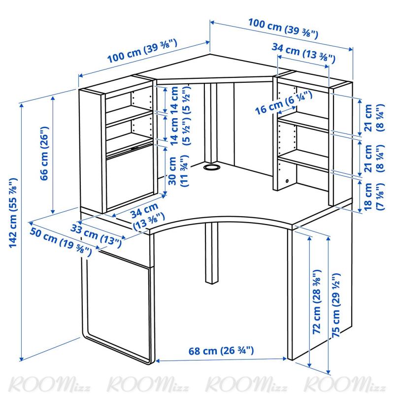 MICKE ミッケ コーナーワークステーション - ブラックブラウン 100x142 cm