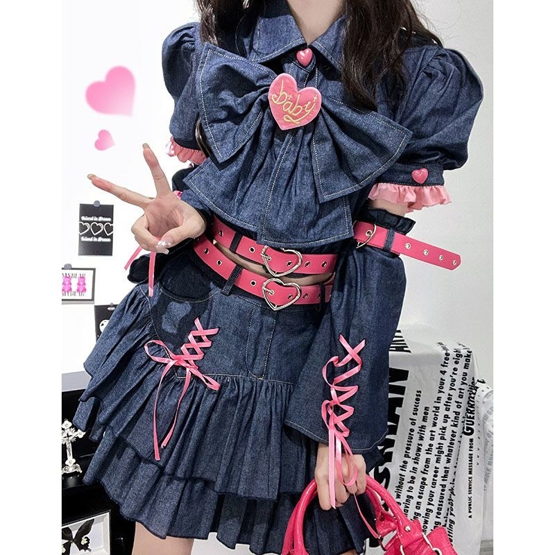 かわいい デニムスカート 量産型 服 上下セット ショート丈 ワンピース スカートセットアップ ギャル レトロ シャツ デニムワンピース ポンポンスカート ミニスカート レディース かわいい デニムスカート 量産型 服 上下セット ショート丈 ワンピース スカートセットアップ ギャル レトロ シャツ デニムワンピース ポンポンスカート ミニスカート レディース