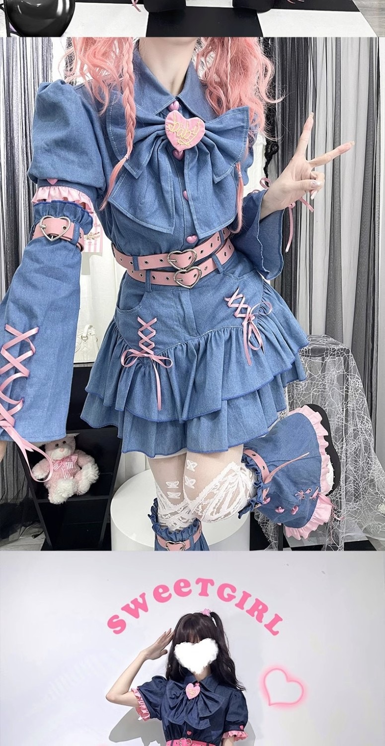 かわいい デニムスカート 量産型 服 上下セット ショート丈 ワンピース スカートセットアップ ギャル レトロ シャツ デニムワンピース ポンポンスカート ミニスカート レディース かわいい デニムスカート 量産型 服 上下セット ショート丈 ワンピース スカートセットアップ ギャル レトロ シャツ デニムワンピース ポンポンスカート ミニスカート レディース