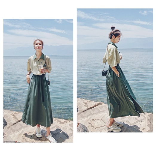 レトロ風 ワンピース ロング丈 袖あり 半袖 襟付き シャツカラー フレア デザイン ボタン 美ライン ニュアンス ベルト レイヤード バイカラー かわいい 大人可愛い きれいめ シンプル カジュアル レトロ風 ワンピース ロング丈 袖あり 半袖 襟付き シャツカラー フレア デザイン ボタン 美ライン ニュアンス ベルト レイヤード バイカラー かわいい 大人可愛い きれいめ シンプル カジュアル