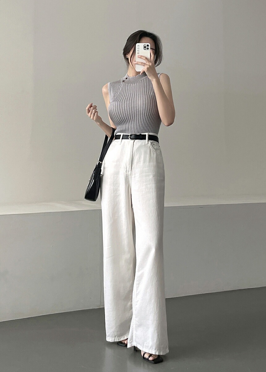 [メガ割りSALE]リネン混リブハーフネックダイアゴナルラインスリムニット