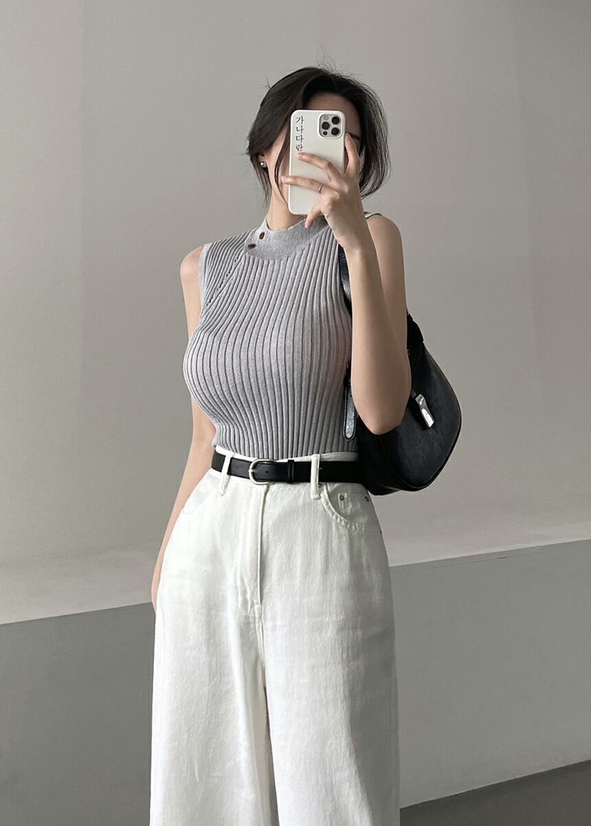 [メガ割りSALE]リネン混リブハーフネックダイアゴナルラインスリムニット