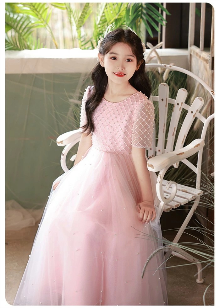 数量限定ピアノ発表会 ドレス 子供 女の子 ピンク 発表会ドレス 半袖 子ども ワンピース お祝い日 演奏会 音楽会 フォーマル 誕生日 撮影 パーティー ジュニア キッズ ロングドレス ロング 可愛