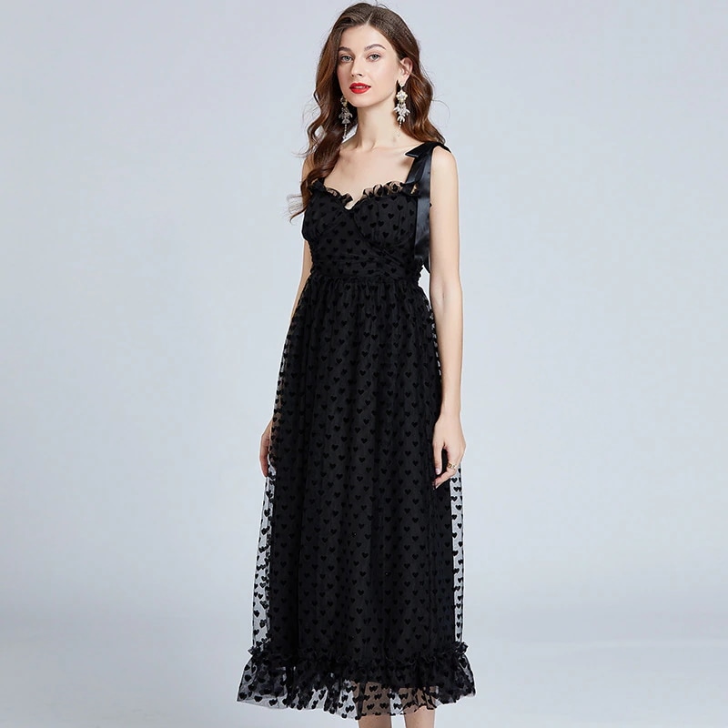 愛植毛立体抹胸ストラップワンピース蝶ネクタイ パーティードレス キャミワンピース