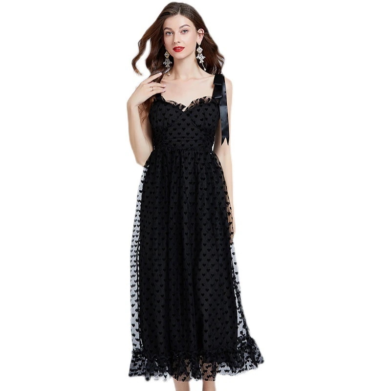 愛植毛立体抹胸ストラップワンピース蝶ネクタイ パーティードレス キャミワンピース