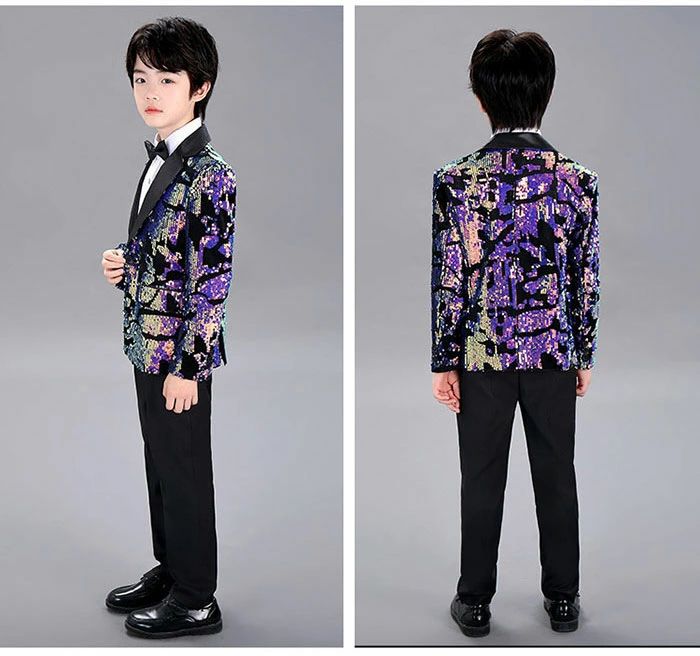 品質良い キッズスーツ 子供服 男の子 上下セット 子供スーツ フォーマルスーツ スパンコールジャケット シャツ パンツ 蝶ネクタイ キッズ グラデーション 礼服 紳士服 学園祭 文化祭 演奏会 ステ