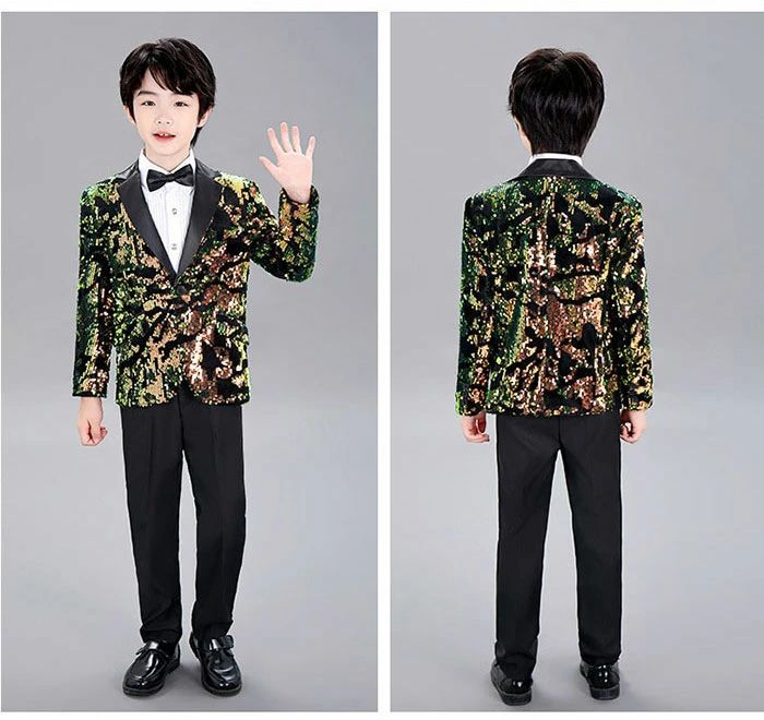 品質良い キッズスーツ 子供服 男の子 上下セット 子供スーツ フォーマルスーツ スパンコールジャケット シャツ パンツ 蝶ネクタイ キッズ グラデーション 礼服 紳士服 学園祭 文化祭 演奏会 ステ