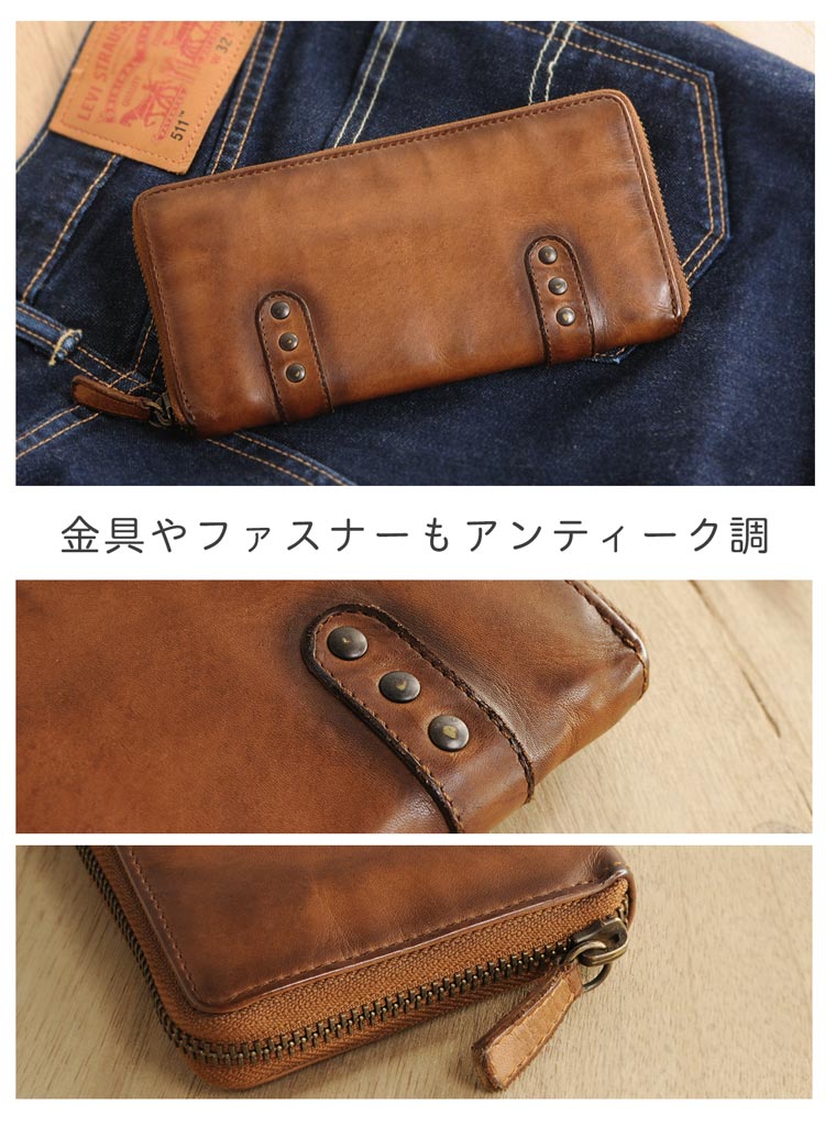 [MiaBorsa]牛革レザーウォッシュ加工ラウンドファスナー長財布