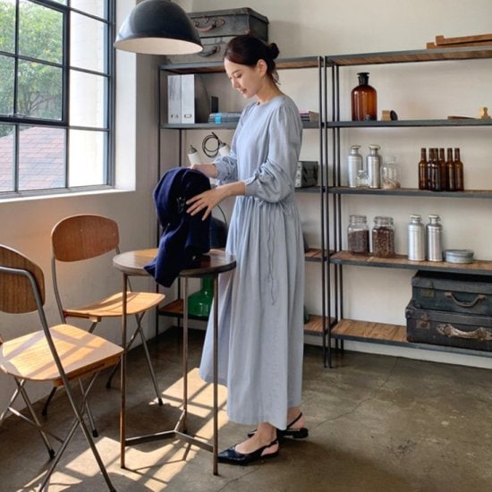 【取寄：納期2週間】ワンピース レディース ロング丈 ロングワンピース ブラウジング 大きいサイズ 体型カバー 長袖 ブワンピース レディース ロング丈 ロングワンピース ブラウジング 大きいサイズ