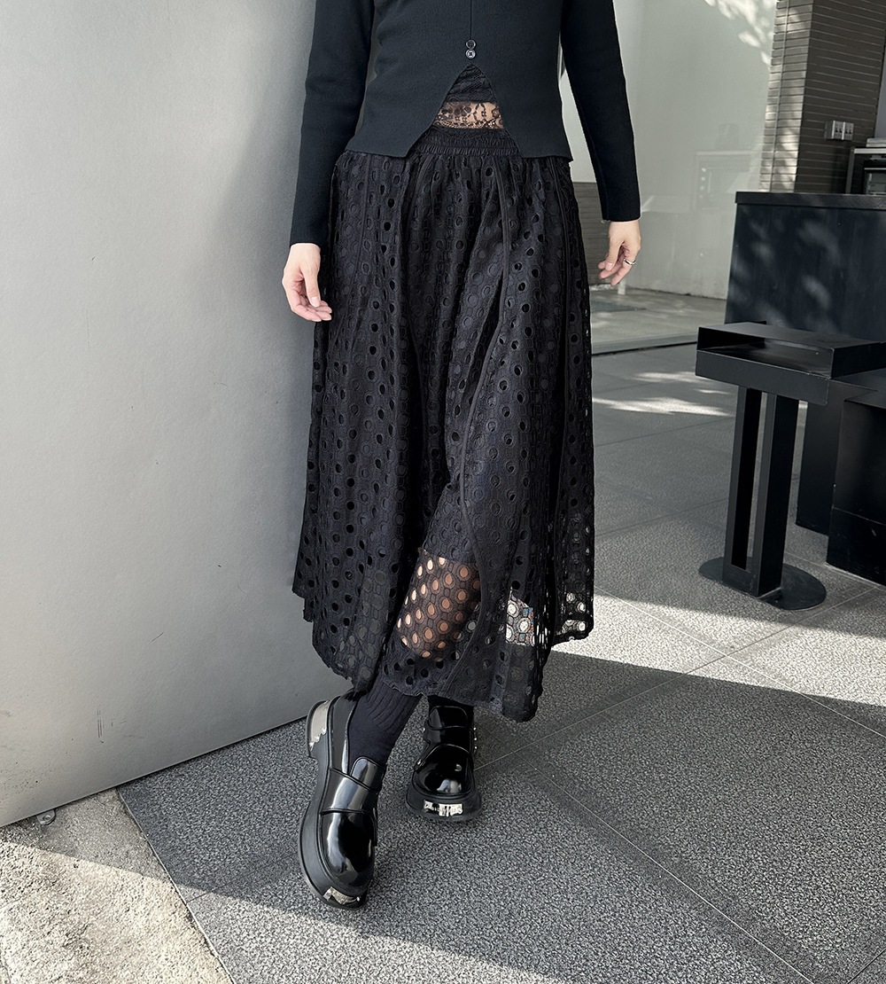 【J.Fashion】 レース スカート おしゃれ 透かし彫り 個性的なデザイン レディース ロングスカート メガ割