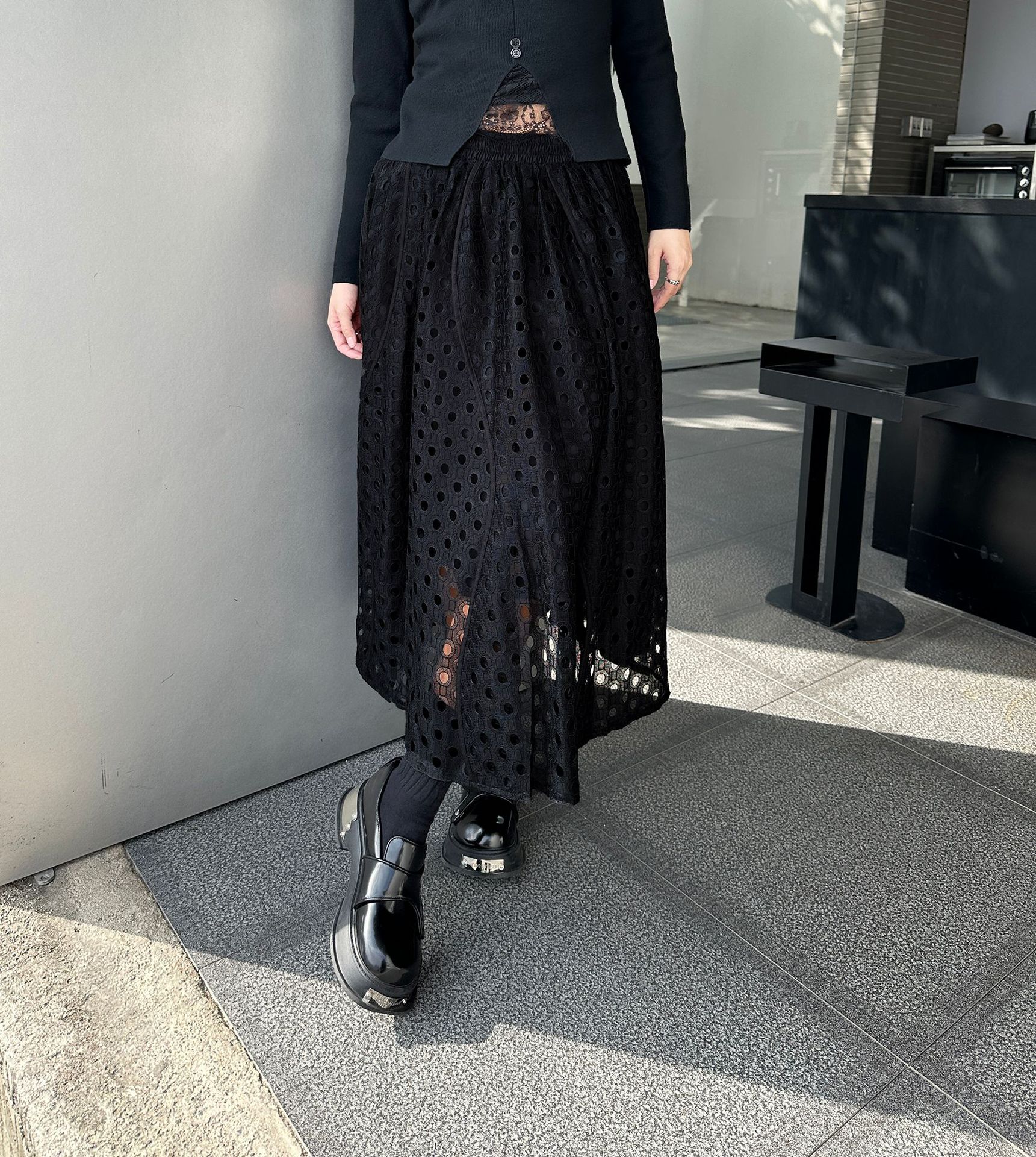 【J.Fashion】 レース スカート おしゃれ 透かし彫り 個性的なデザイン レディース ロングスカート メガ割
