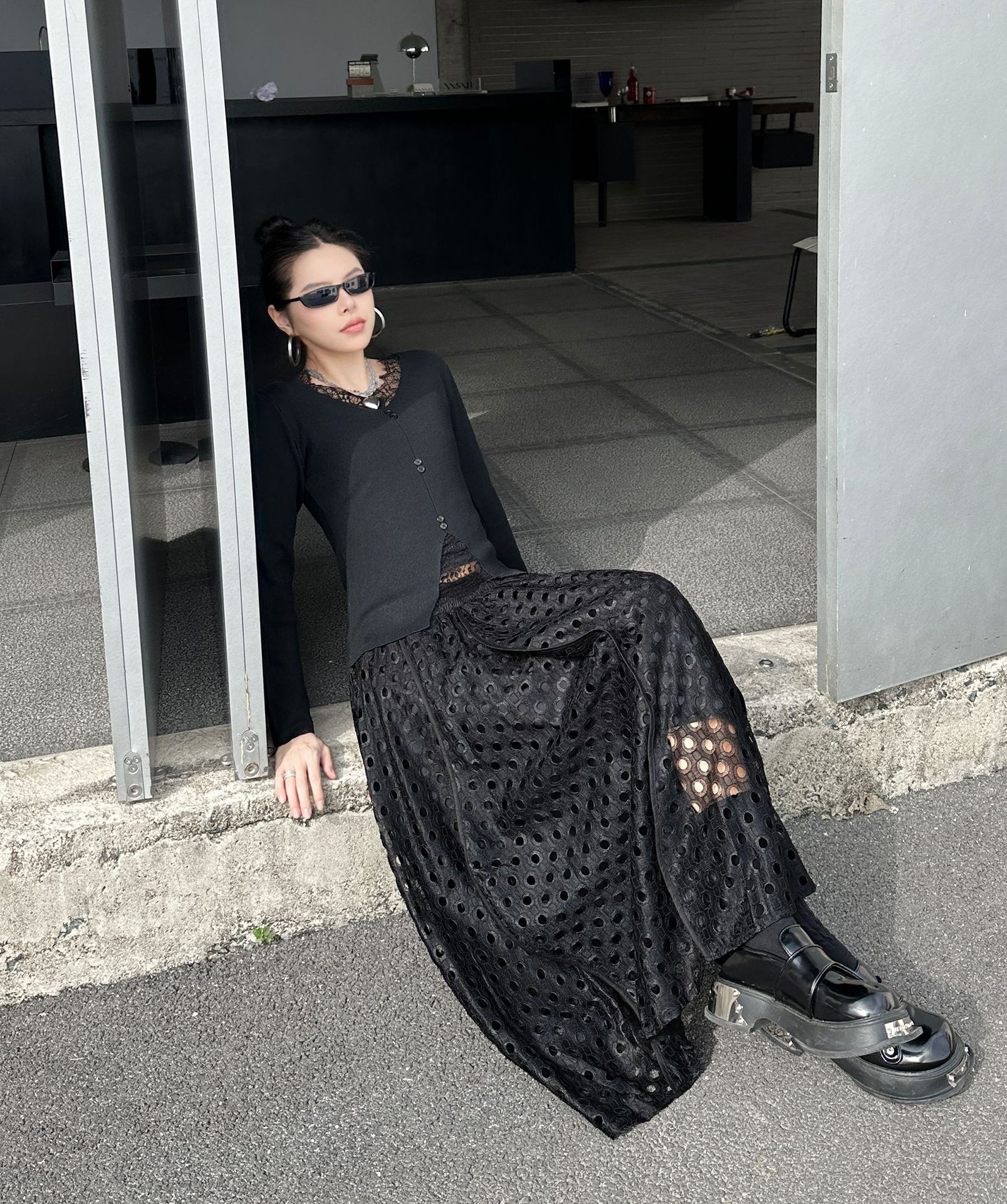 【J.Fashion】 レース スカート おしゃれ 透かし彫り 個性的なデザイン レディース ロングスカート メガ割