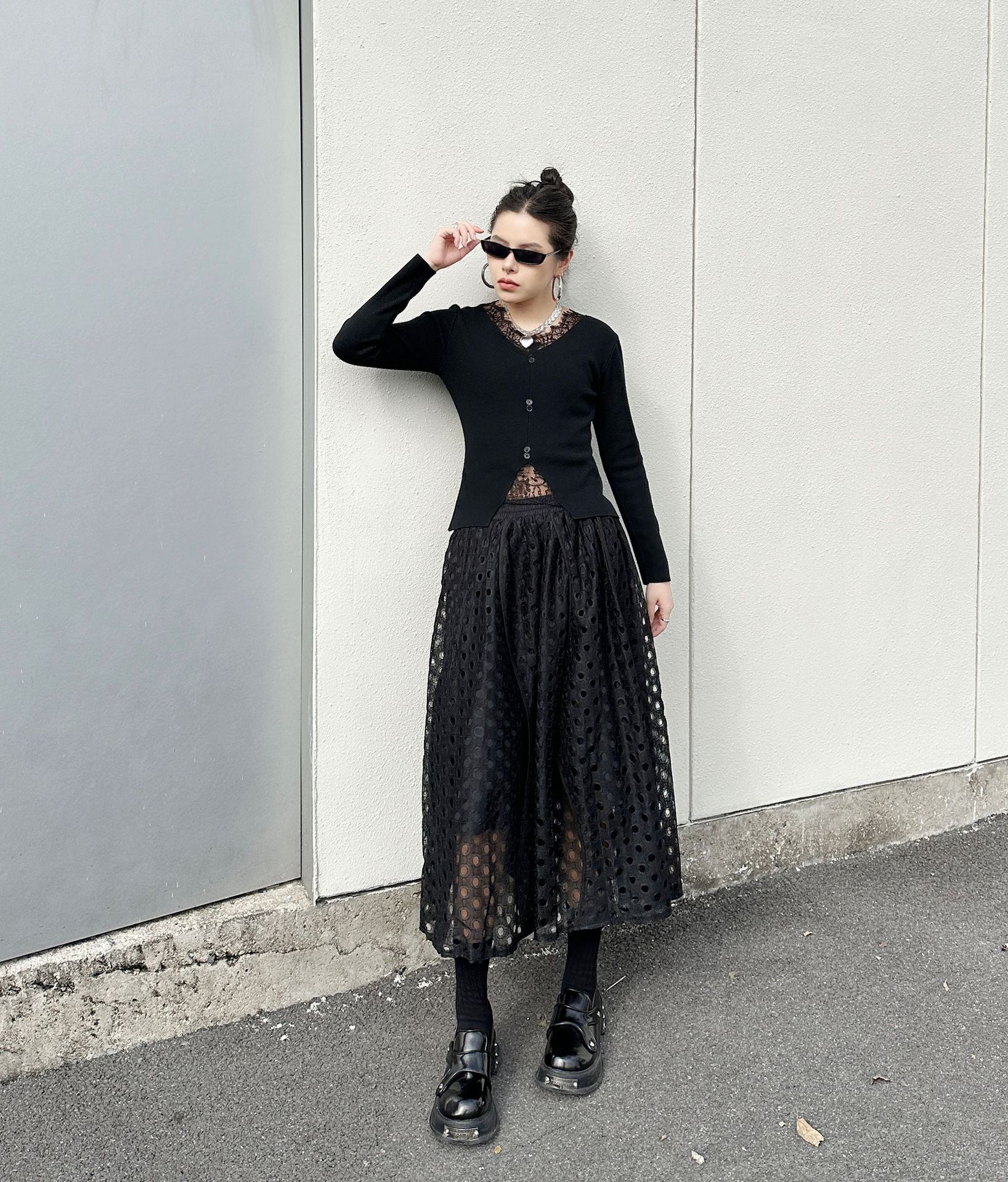 【J.Fashion】 レース スカート おしゃれ 透かし彫り 個性的なデザイン レディース ロングスカート メガ割