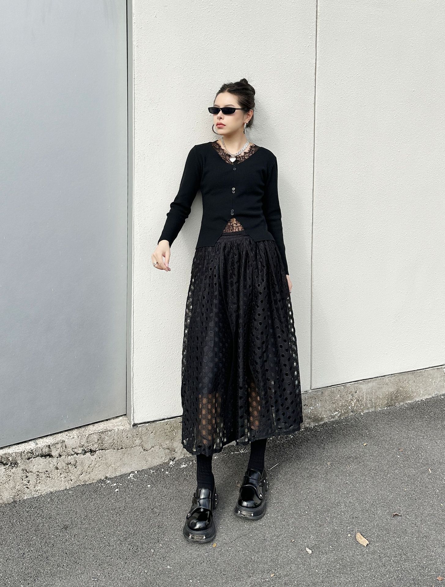 【J.Fashion】 レース スカート おしゃれ 透かし彫り 個性的なデザイン レディース ロングスカート メガ割