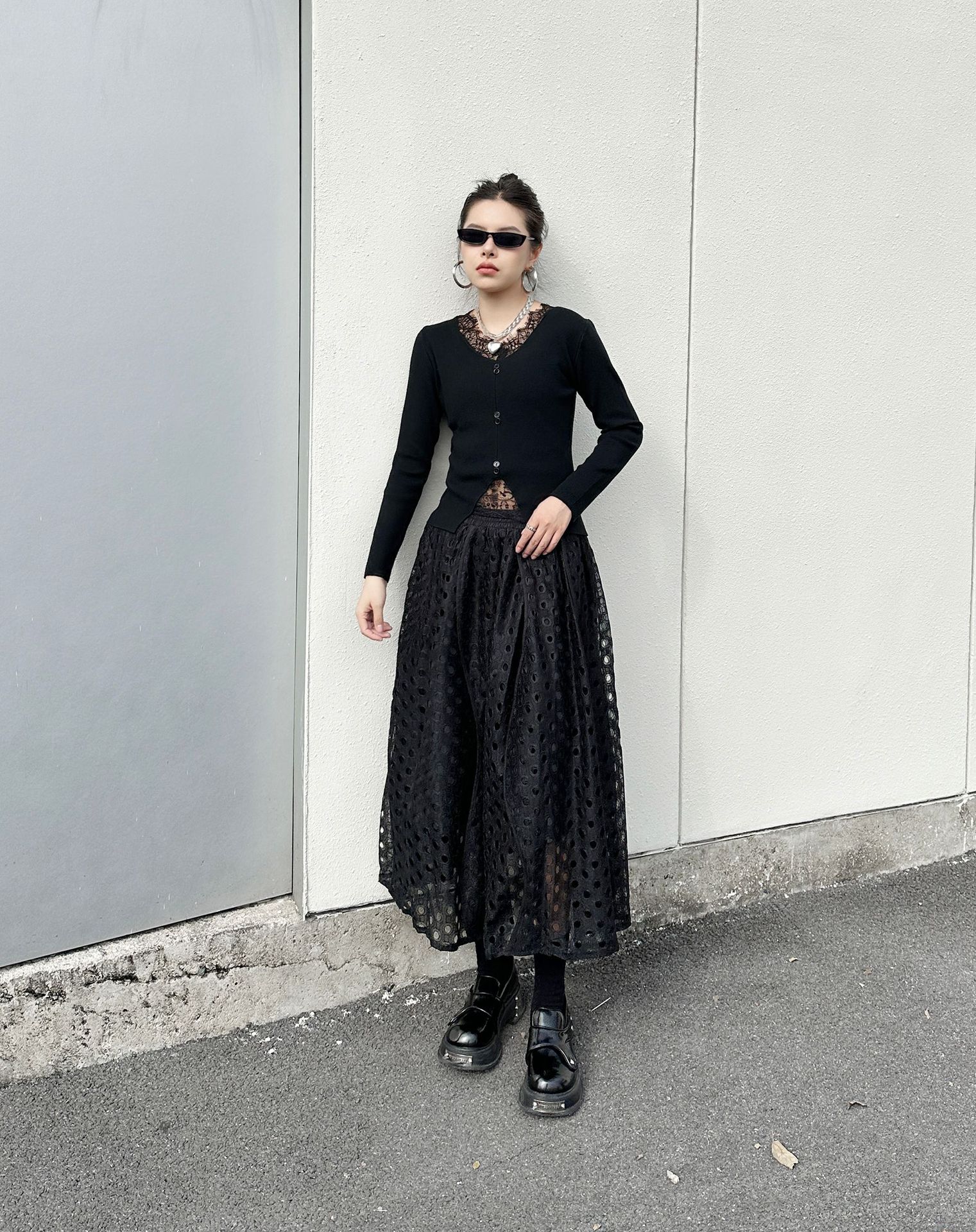 【J.Fashion】 レース スカート おしゃれ 透かし彫り 個性的なデザイン レディース ロングスカート メガ割