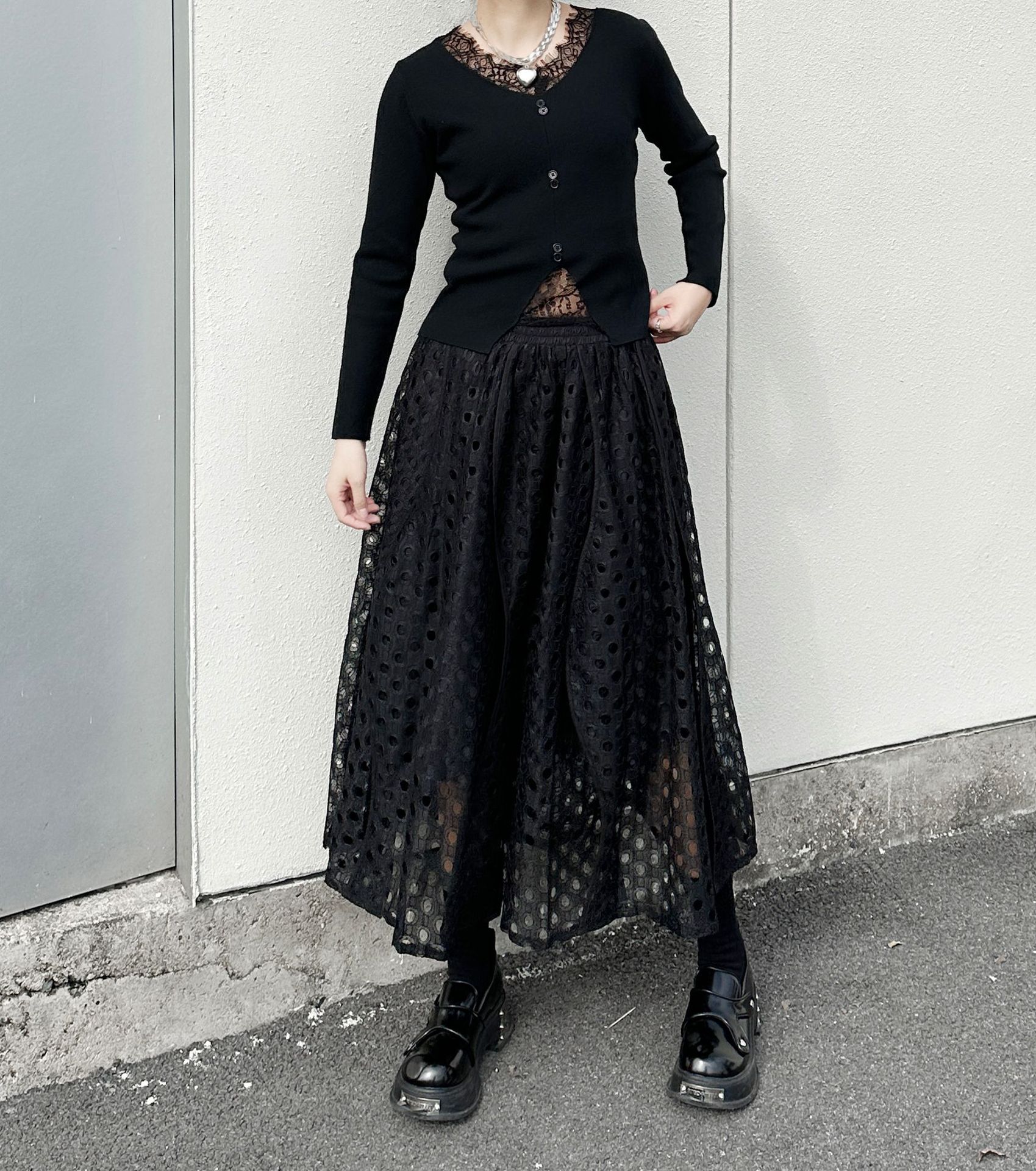 【J.Fashion】 レース スカート おしゃれ 透かし彫り 個性的なデザイン レディース ロングスカート メガ割