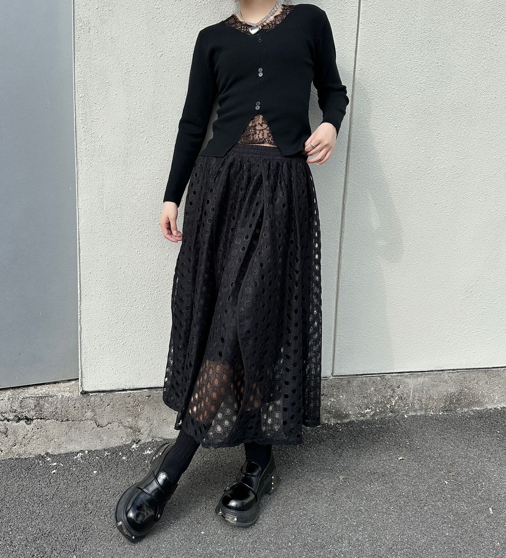 【J.Fashion】 レース スカート おしゃれ 透かし彫り 個性的なデザイン レディース ロングスカート メガ割