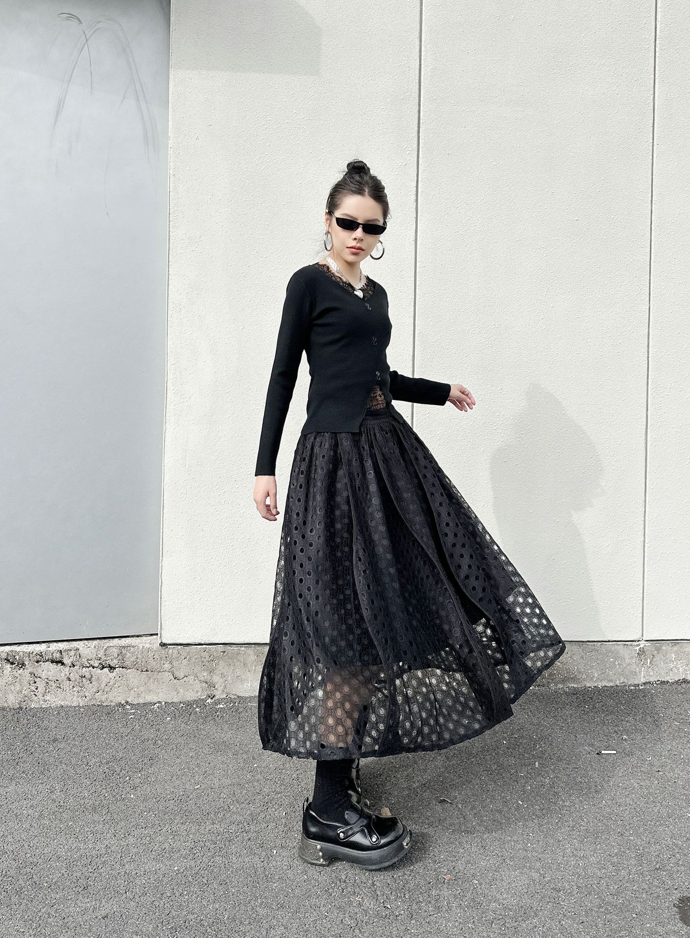【J.Fashion】 レース スカート おしゃれ 透かし彫り 個性的なデザイン レディース ロングスカート メガ割