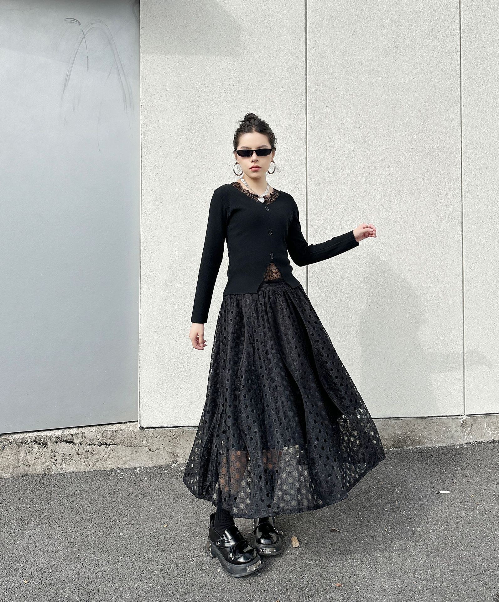 【J.Fashion】 レース スカート おしゃれ 透かし彫り 個性的なデザイン レディース ロングスカート メガ割