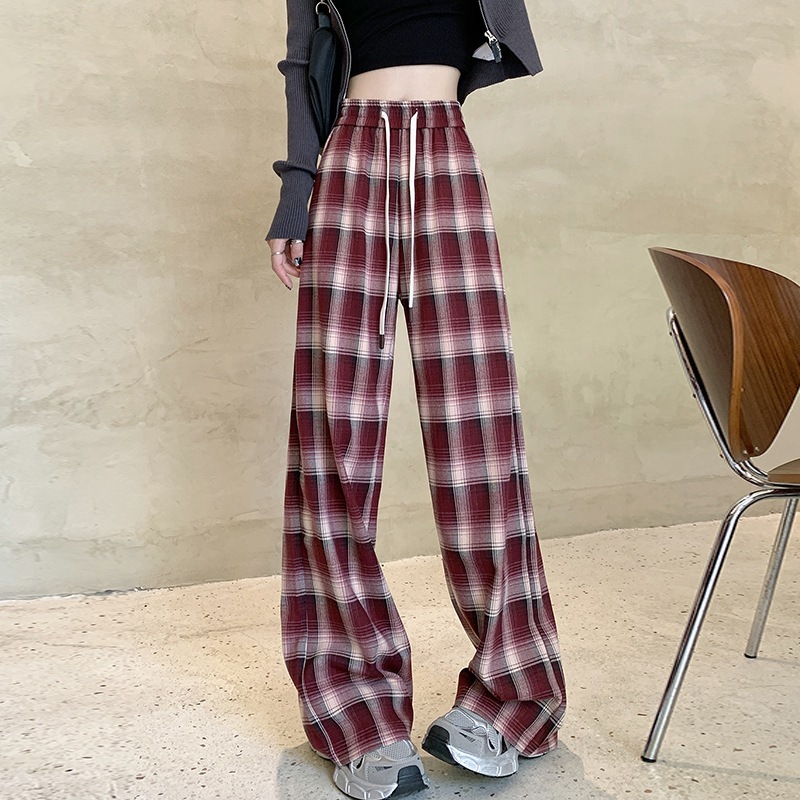 韓国大きいサイズ 赤レトロ格子ワイドパンツ秋冬ハイウエスト垂れ感ストレートスラックスパンツ