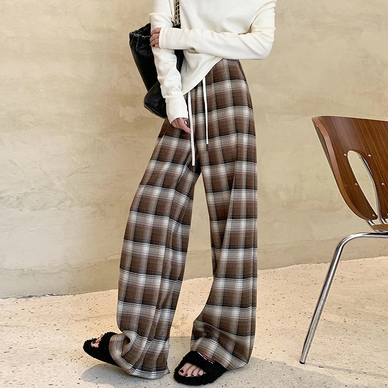 韓国大きいサイズ 赤レトロ格子ワイドパンツ秋冬ハイウエスト垂れ感ストレートスラックスパンツ