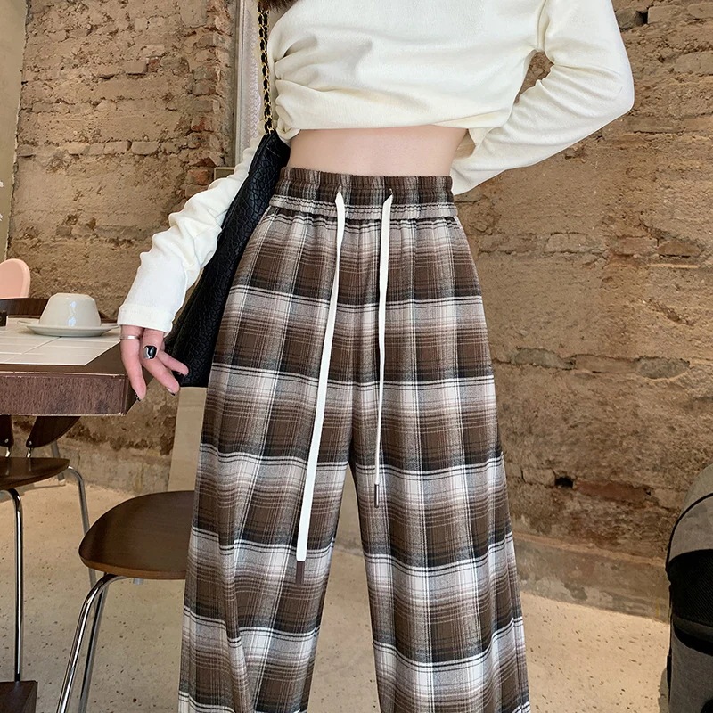 韓国大きいサイズ 赤レトロ格子ワイドパンツ秋冬ハイウエスト垂れ感ストレートスラックスパンツ