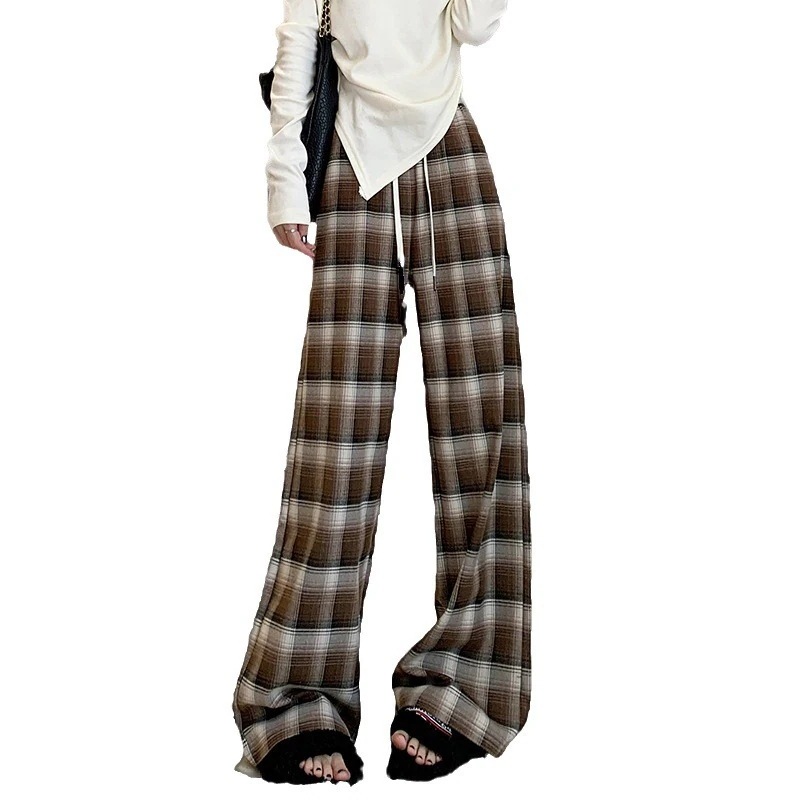 韓国大きいサイズ 赤レトロ格子ワイドパンツ秋冬ハイウエスト垂れ感ストレートスラックスパンツ