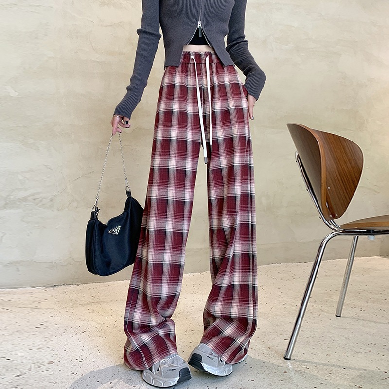 韓国大きいサイズ 赤レトロ格子ワイドパンツ秋冬ハイウエスト垂れ感ストレートスラックスパンツ