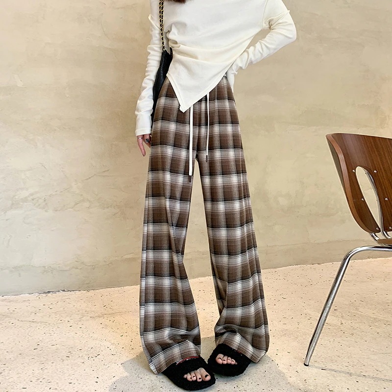 韓国大きいサイズ 赤レトロ格子ワイドパンツ秋冬ハイウエスト垂れ感ストレートスラックスパンツ