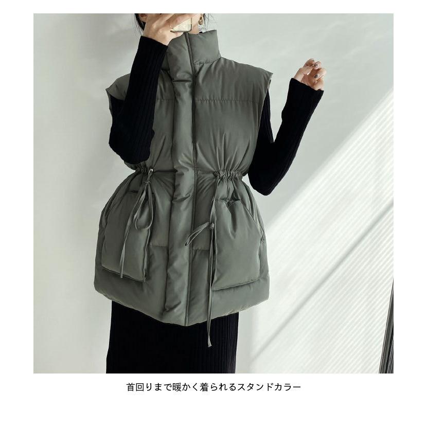 限定モデル中綿ベスト レディース ベスト 中綿入り ノースリーブ スタンドカラー ジップ付き スナップボタン付き ポケット付き ウエスト紐 あったか バレンタイン プレゼント_3