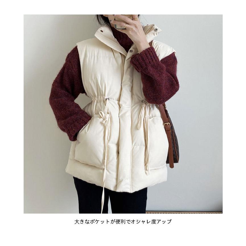限定モデル中綿ベスト レディース ベスト 中綿入り ノースリーブ スタンドカラー ジップ付き スナップボタン付き ポケット付き ウエスト紐 あったか バレンタイン プレゼント_4