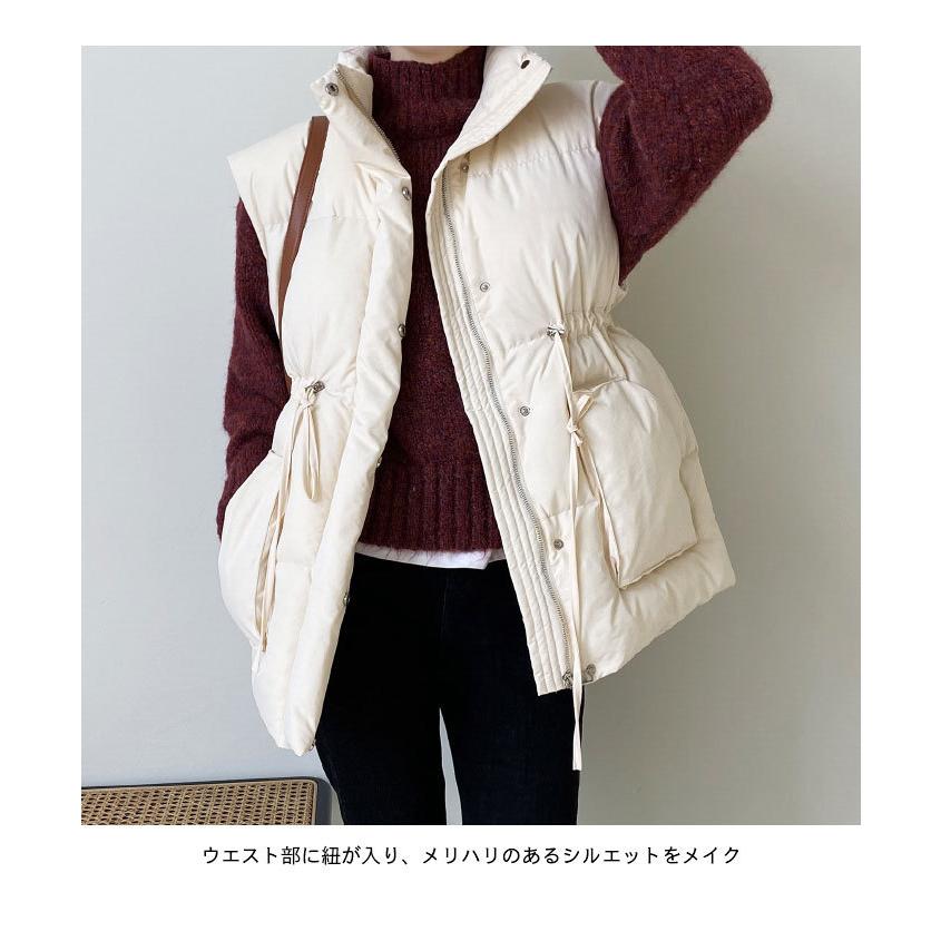 限定モデル中綿ベスト レディース ベスト 中綿入り ノースリーブ スタンドカラー ジップ付き スナップボタン付き ポケット付き ウエスト紐 あったか バレンタイン プレゼント_5